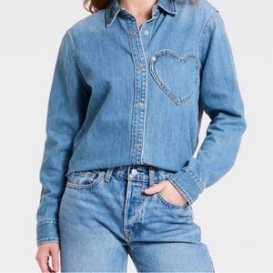 Chic Blue Denim Shirt with Heart Detail